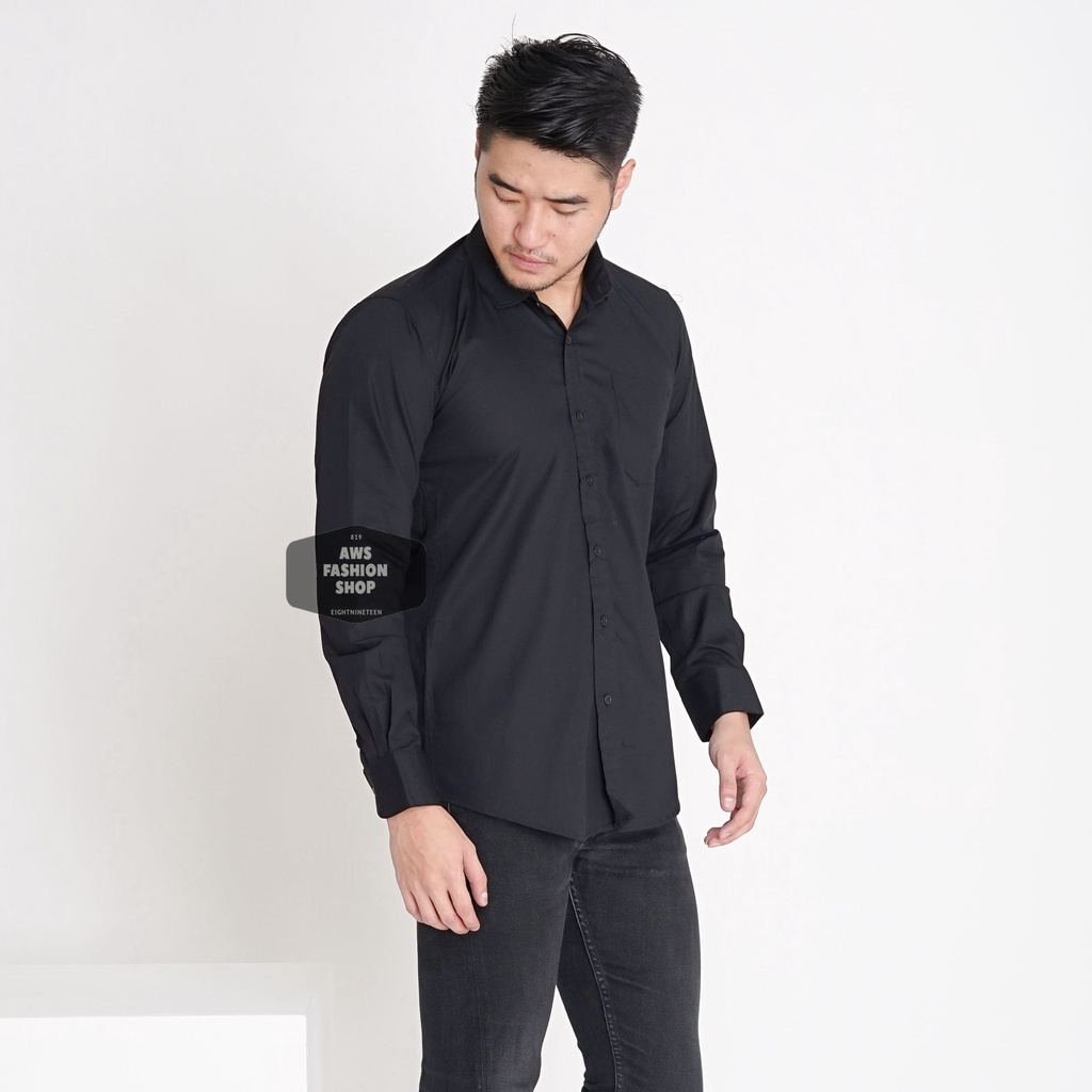 KEMEJA PRIA LENGAN PANJANG POLOS HITAM PEKAT FULL BLACK SOLID SLIMFIT