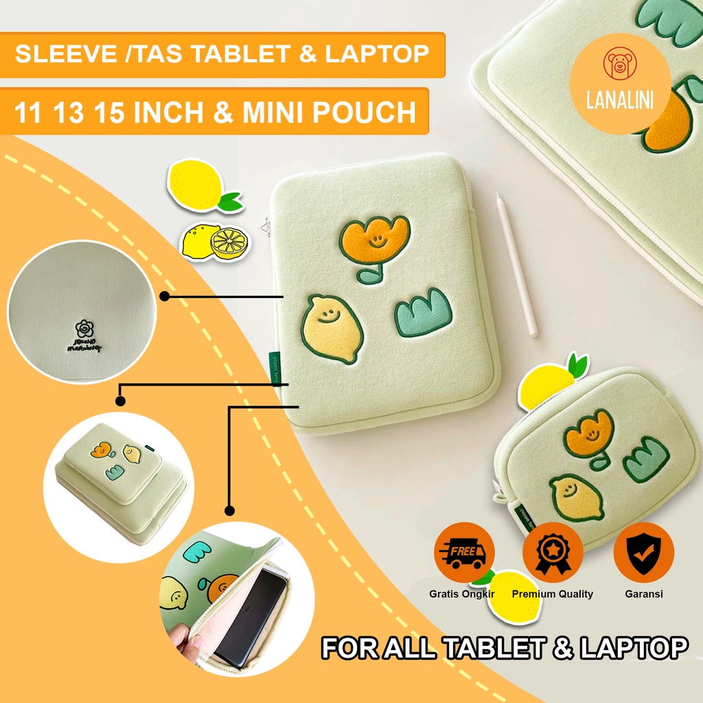 Sleeve Pouch Sarung Tas Bag Case Ipad Tab Tablet Macbook Air Pro Laptop Asus Acer Lenovo HP Huawei 11 12 13 14 15 inch Motif Gambar Lemon Flower Buah Bunga Warna Hijau Kuning Lucu Cute Murah Korean Model