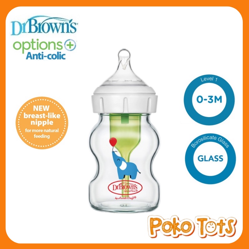 Dr. Brown's Glass Wide Neck Options+ Bottle Elephant 150ml Botol Susu Kaca Dr Browns Natural Flow WHS