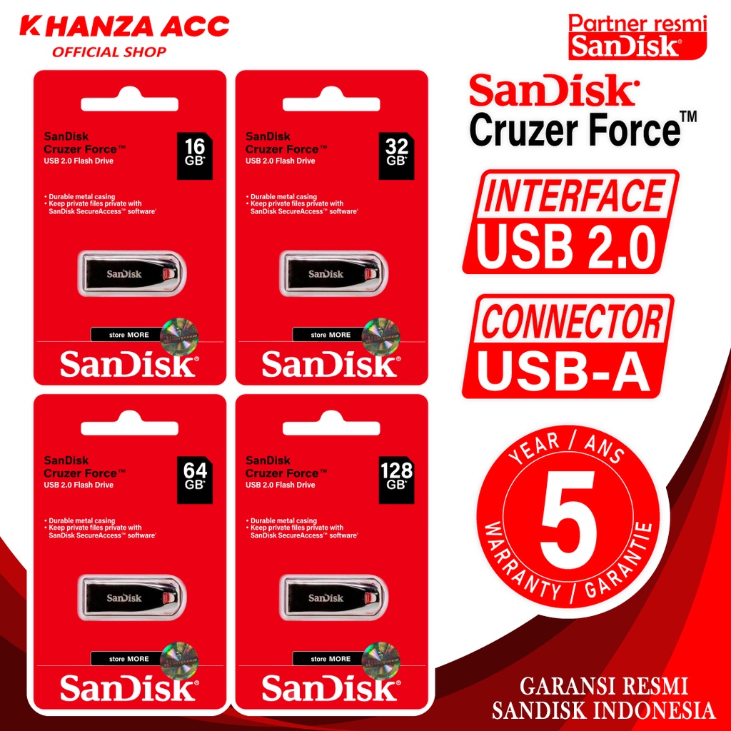 KHANZAACC Promo Flashdisk Sandisk Cruzer Force 16GB / 32GB / 64GB / 128GB USB 2.0 Original Bergaransi Resmi