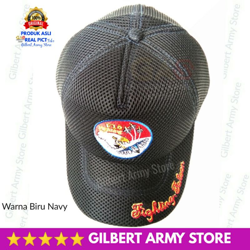 GILBERY ARMY STORE Topi F16 Fighting Falcon Jaring Hitam Hat Pria Distro Terbaru Tni Au Logo Bordir