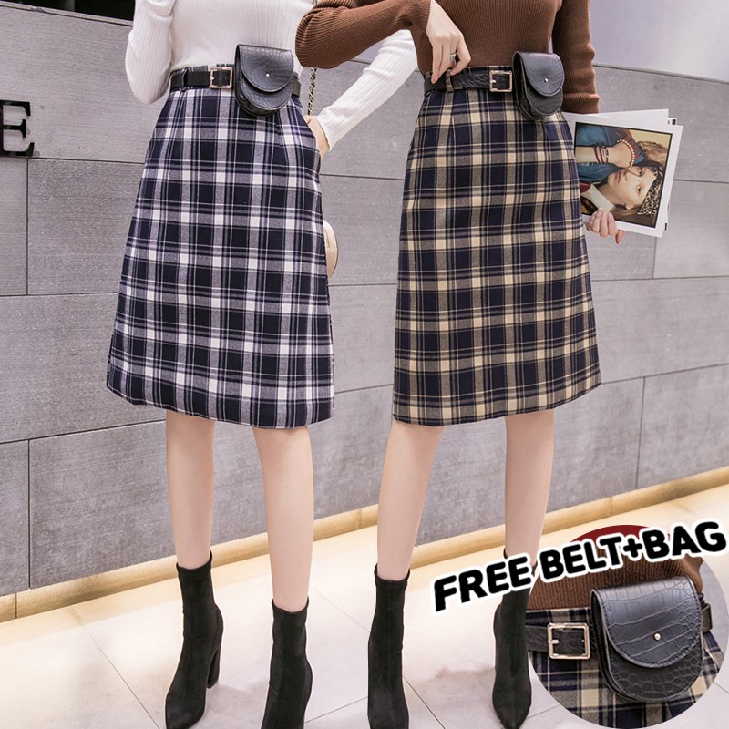 KARAKOREA 831 Irene Skirt/Korean Midi Skirt/Rok Midi Motif Kotak/Rok Autumn/Rok Korea Skirt/Rok Kotak