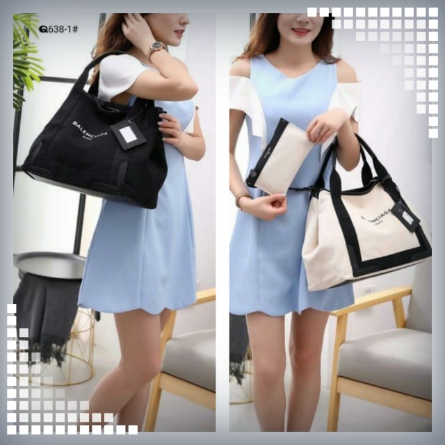 T2 Tas wanita branded import Balenciaga Navy Cabas M Tote Bag 2in1 Set Pouch Q638-1 High Premium AAA