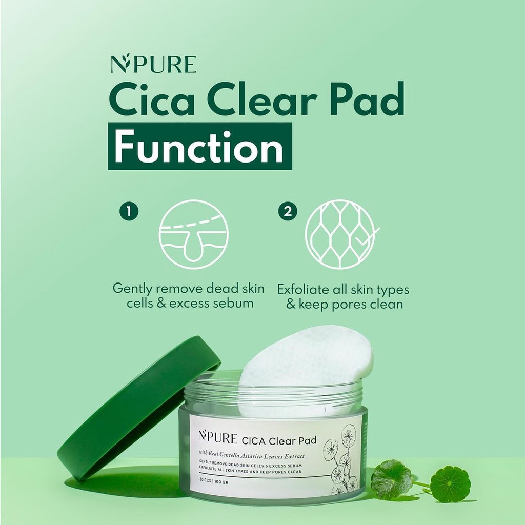 NPURE Cica Clear Pad 30 Pads BPOM - Eksfoliasi, Exfoliasi, Exfo, Eksfo Cotton Pad Toner Essence - Membersihkan Sel Sulit Mati &amp; Menenangkan Kulit Wajah