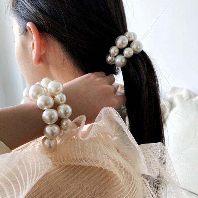 2in1 Korean Pearl Hair Ring Scrunchie Bracelet Ikat Rambut Cepol Mutiara Bisa Jadi Gelang Elastis Korea Hairband Hairpiece Headpiece