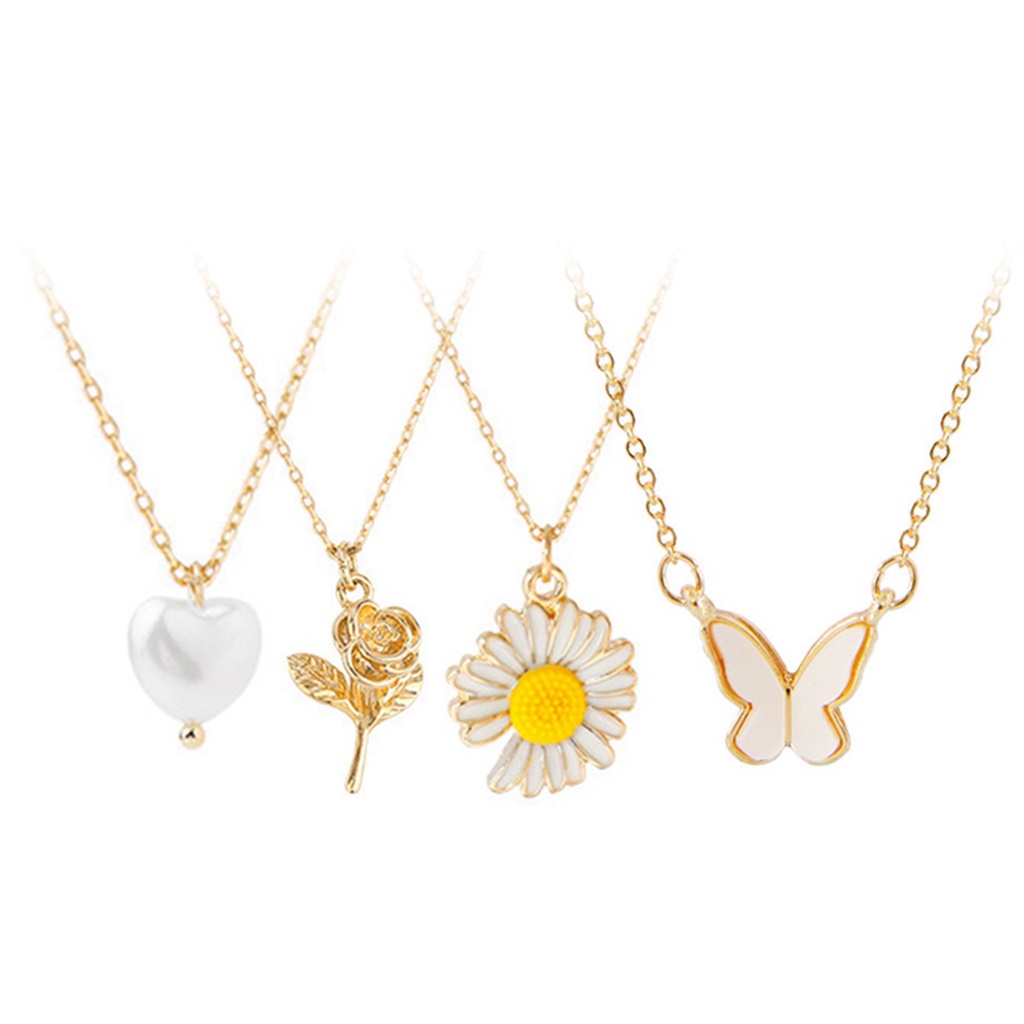 Kalung Liontin Bunga Mawar Chrysanthemum Daisy Butterfly Aksen Mutiara Bahan Alloy Gaya Korea Untuk Wanita