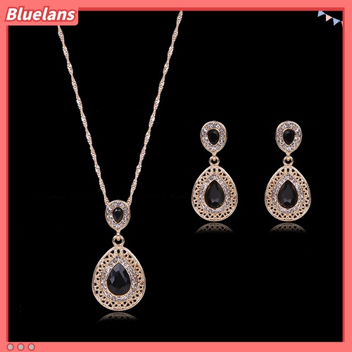 Set Perhiasan Kalung Anting Stud Liontin Waterdrop Aksen Berlian Imitasi Untuk Wanita