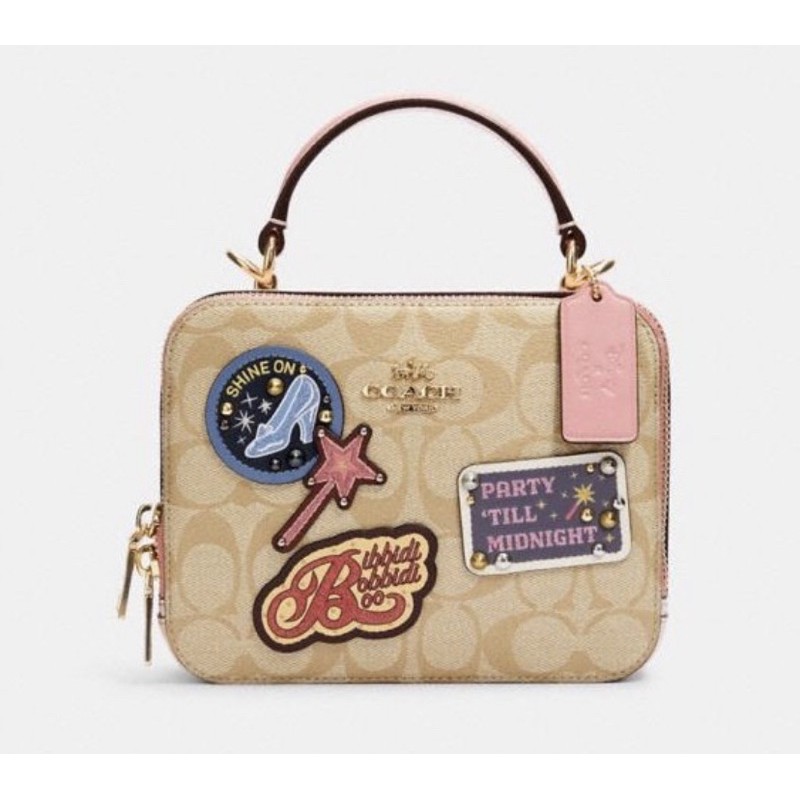 DISNEY X COACH BOX CROSSBODY IN SIGNATURE CANVAS WITH PATCHES