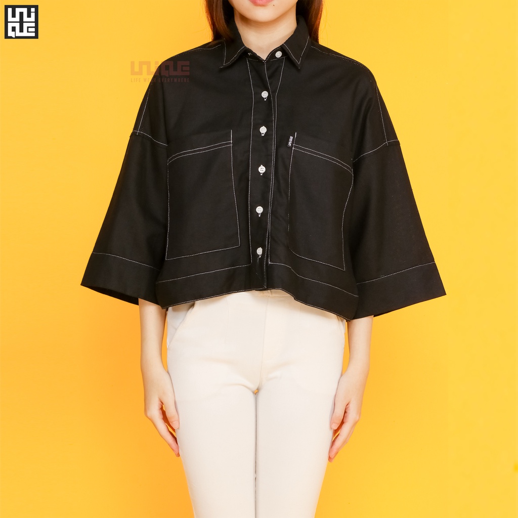 UNIQUE - (Outer Linen) Kemeja Croptop Oversize Black