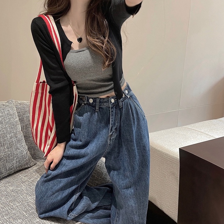 Celana Jeans Wanita Loose Korean Style Boyfriend Celana Panjang Jeans Kulot High Waist