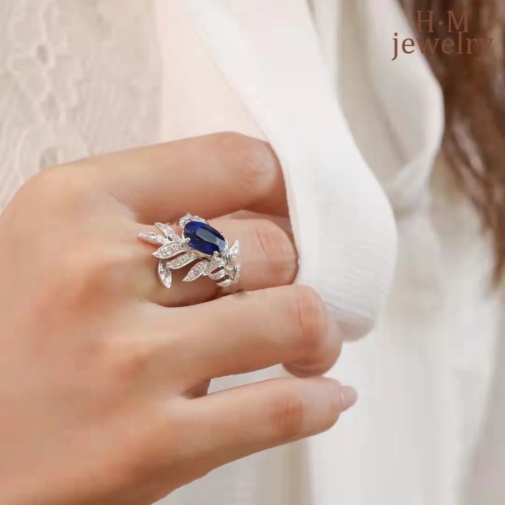 Cincin S925 Silver Model Terbuka Desain Sayap Aksen Berlian Sapphire Warna Biru