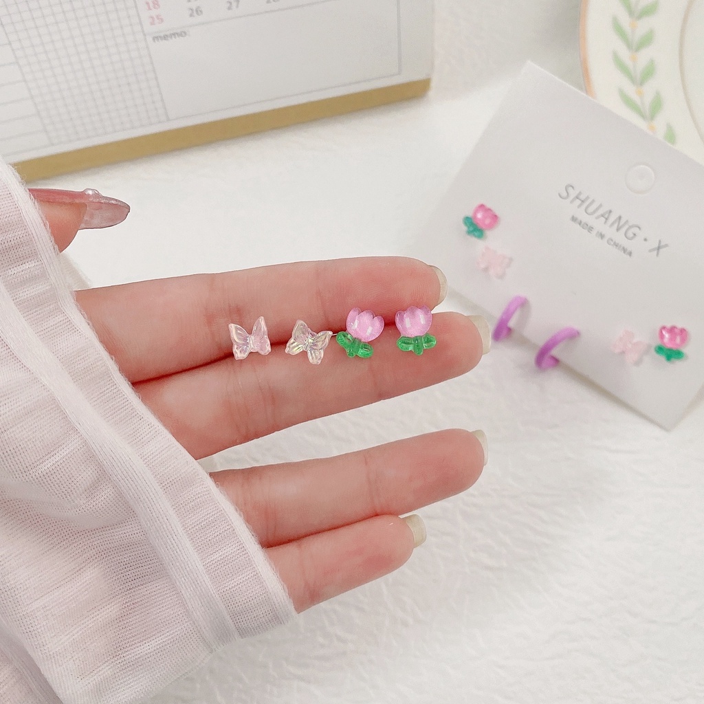 YEEZII 3 Pasang / Set Anting Stud Desain Tulip Butterfly Bahan Resin Untuk Wanita