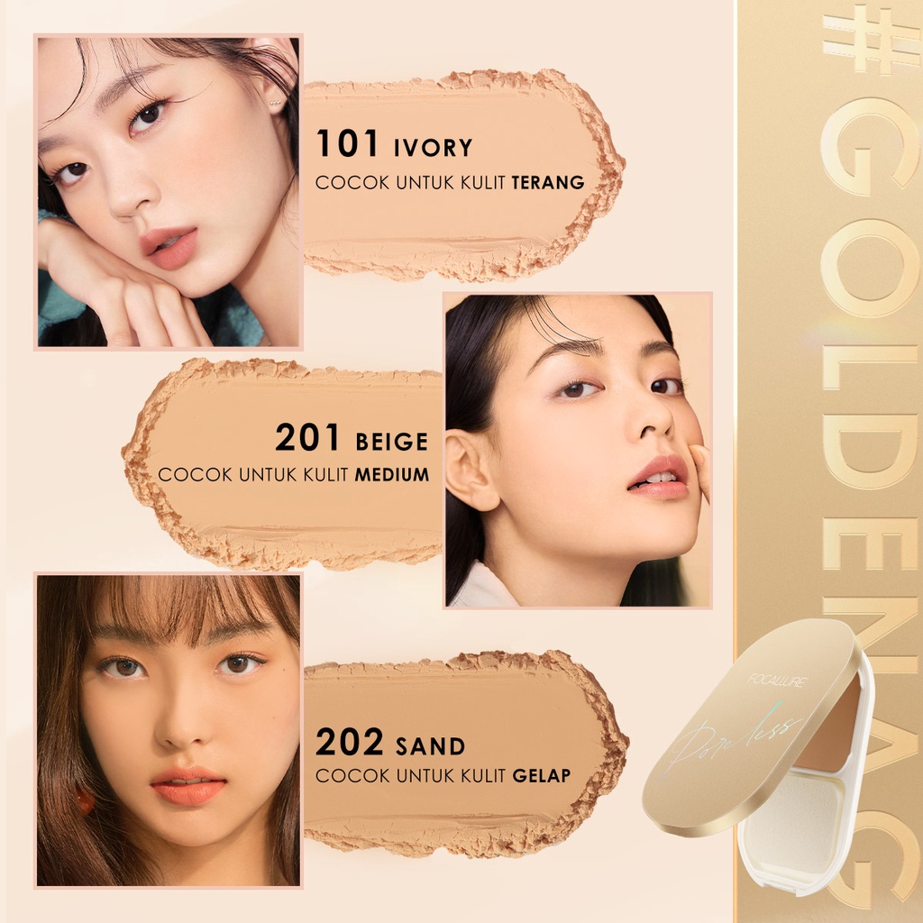 FOCALLURE #GoldenAge Lasting Poreless Bedak Padat Compact Powder Waterproof Matte Pressed Powder- Up to 12 Hours