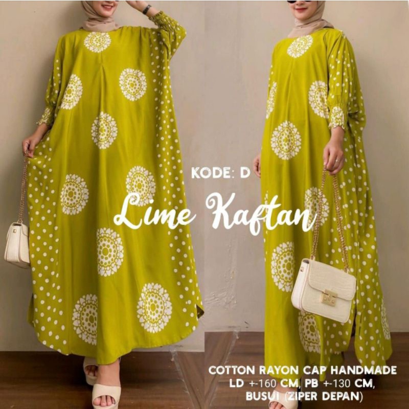 Lime Alivia Kaftan Batik Wanita Jumbo XXXXL Motif Batik Cap Encim Soft Color Busui Resleting Lengan 