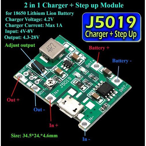Modul J5019 2in1 DC Step up Regulator 2A Adjustable + TP4056 Battery Charger Lithium Li-ion 18650