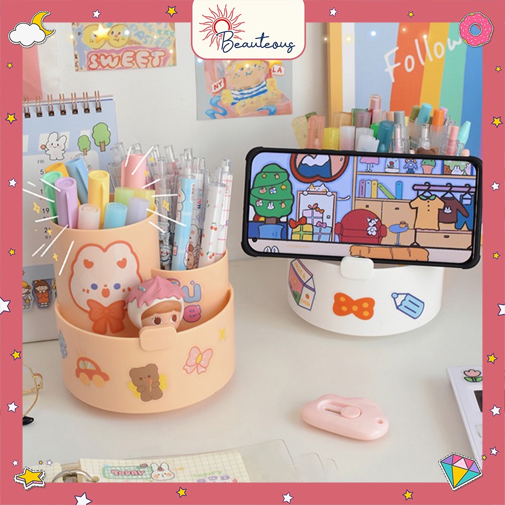 Rotating Pen Holder Kotak Pensil Brush Alat Make Up Estetik Desktop Organizer Stationary Serbaguna Free Stiker