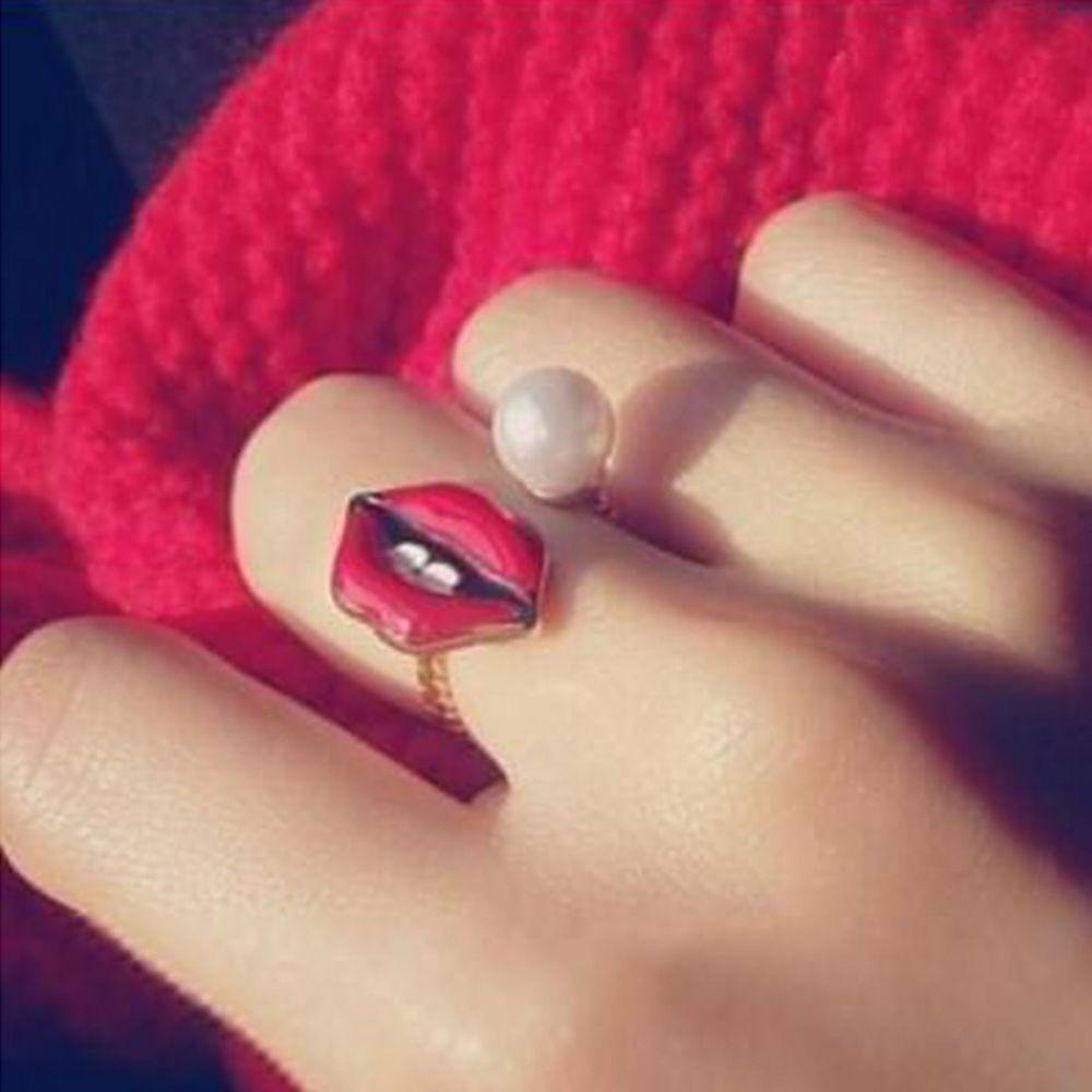 Needway Cincin Kreatif Elegan Kualitas Tinggi Emas Pesta Buku Jari Gigi Terbaru Bibir Merah Lady Adjustable