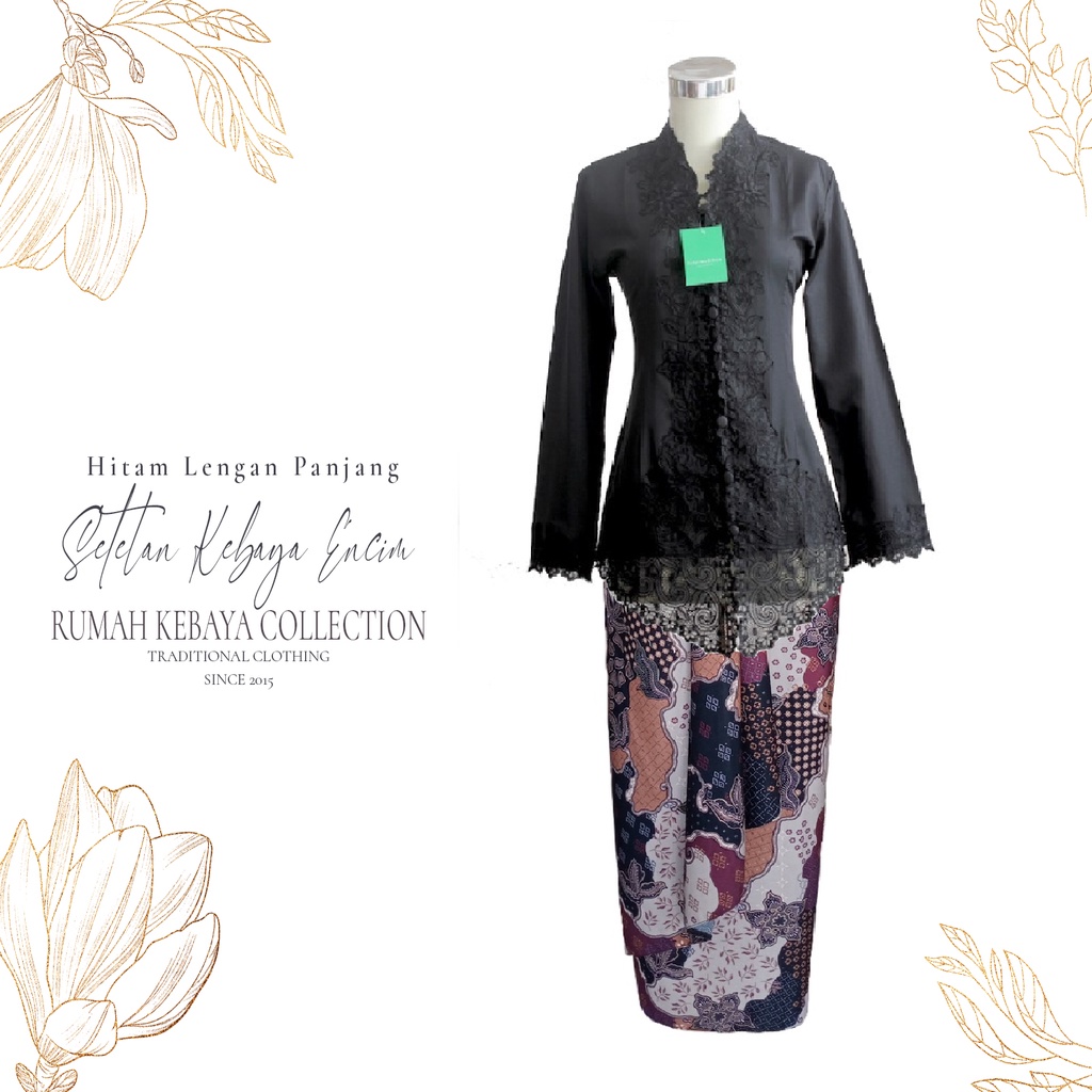 Setelan Batik Kebaya Encim Katun Modern Hitam Lengan Panjang Bigsize Jumbo