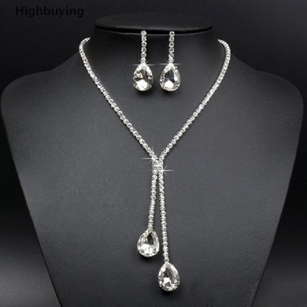 Hbid Set Kalung + Anting Gantung Kristal Berlian Imitasi Bentuk Tetesan Air Mewah Untuk Wanita