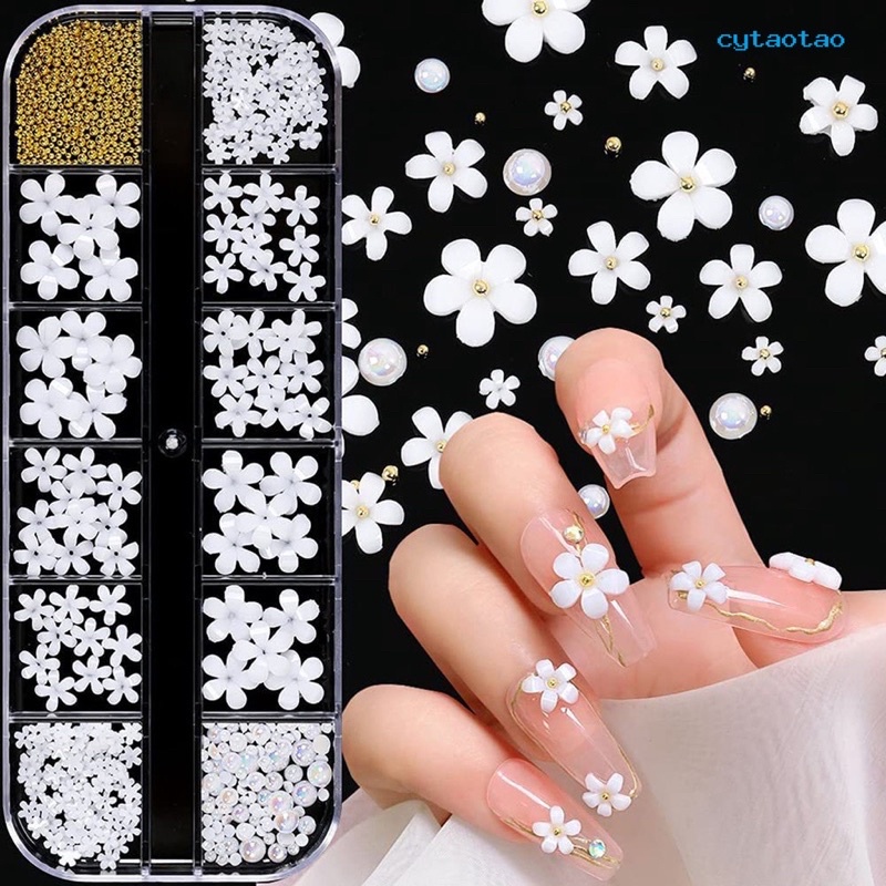 12PCS 3D FLOWER RESIN WEDDING NAIL HIASAN KUKU BUNGA AKRILIK TIMBUL BUNGA PUTIH MIX SIZED 3D ACRYLIC FLOWER