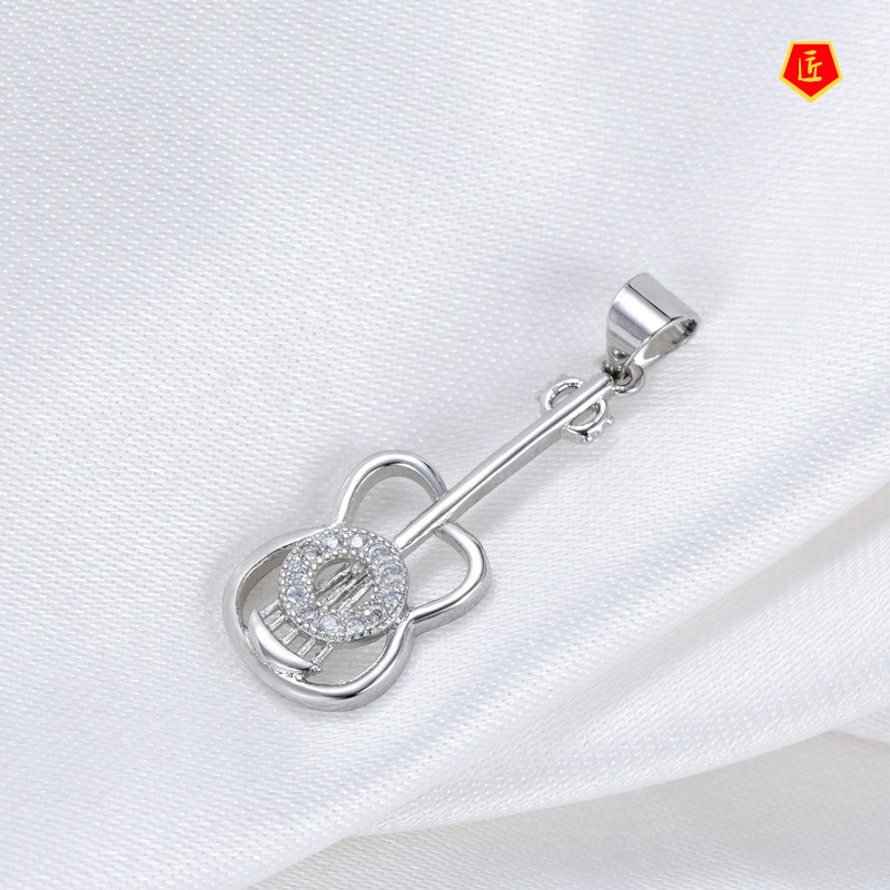 [Ready Stock]925 Silver Diamond Guitar Pendant Necklace Female Art Accessories