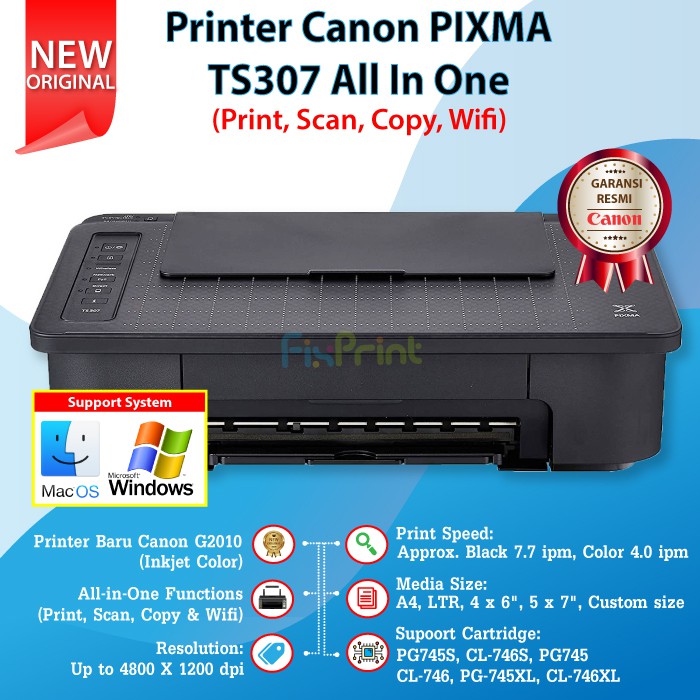 Printer Canon TS307 TS-307 WiFi, Photo Printer Borderless (Tanpa Tepi)