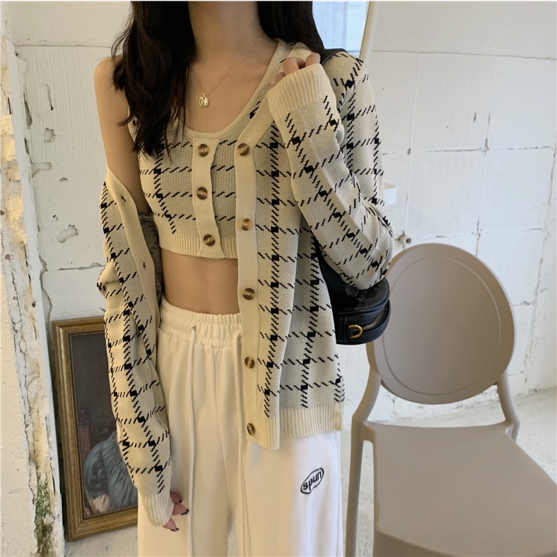 Cardigan Knit Rajut Lengan Panjang Wanita/Rompi Rajut Tank Top Kotak-kotak Retro Setelan