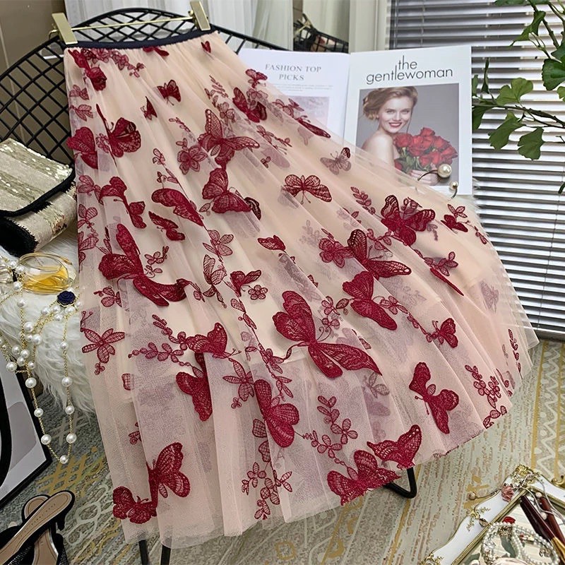 Rok Tutu Kupu Kupu 3D Timbul Panjang / Tutu Maxi Skirt Import ButterFly Embroidery - Katlyn Shop-Kupu 3D - Red