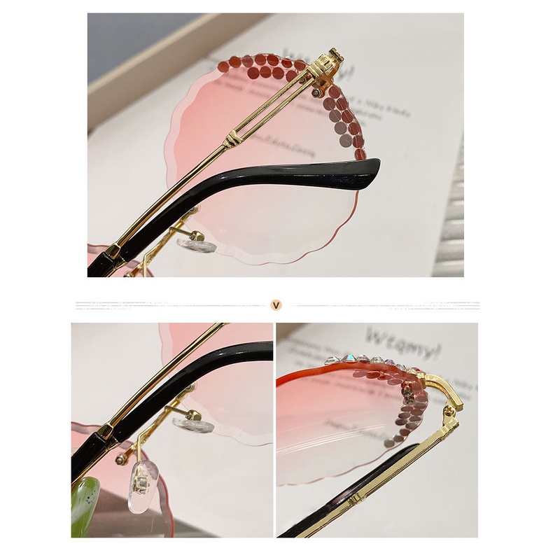 Kacamata Hitam Rimless Bentuk Bulat Dengan Bunga Berlian Untuk Wanita