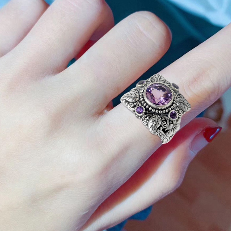 Cincin Meditasi Desain Bunga Amethyst Warna Silver