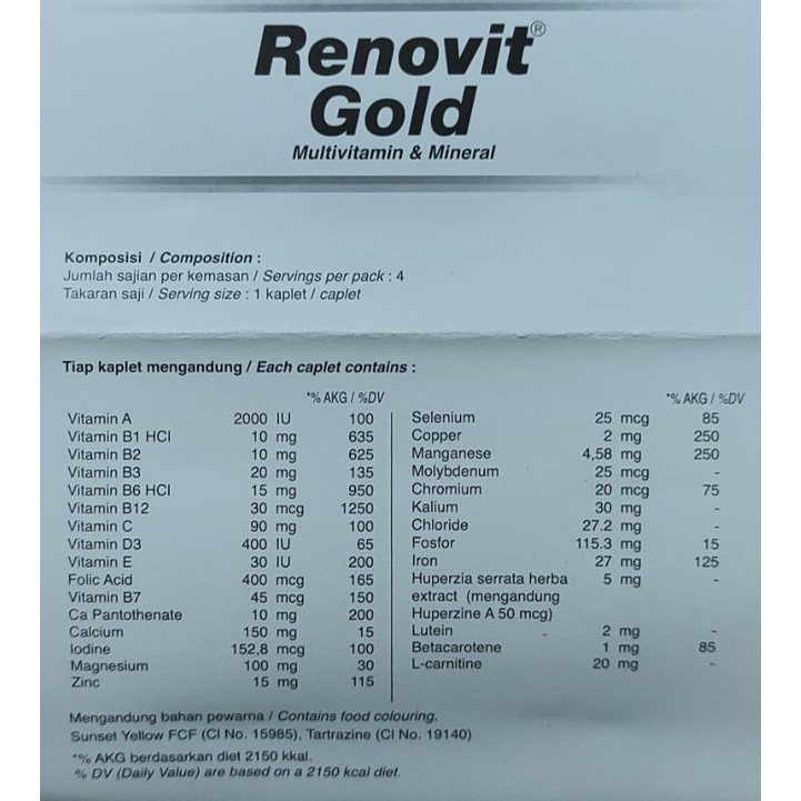 Renovit 4 Kaplet / Renovit Gold / Multivitamin / Daya Tahan Tubuh / Antioksidan