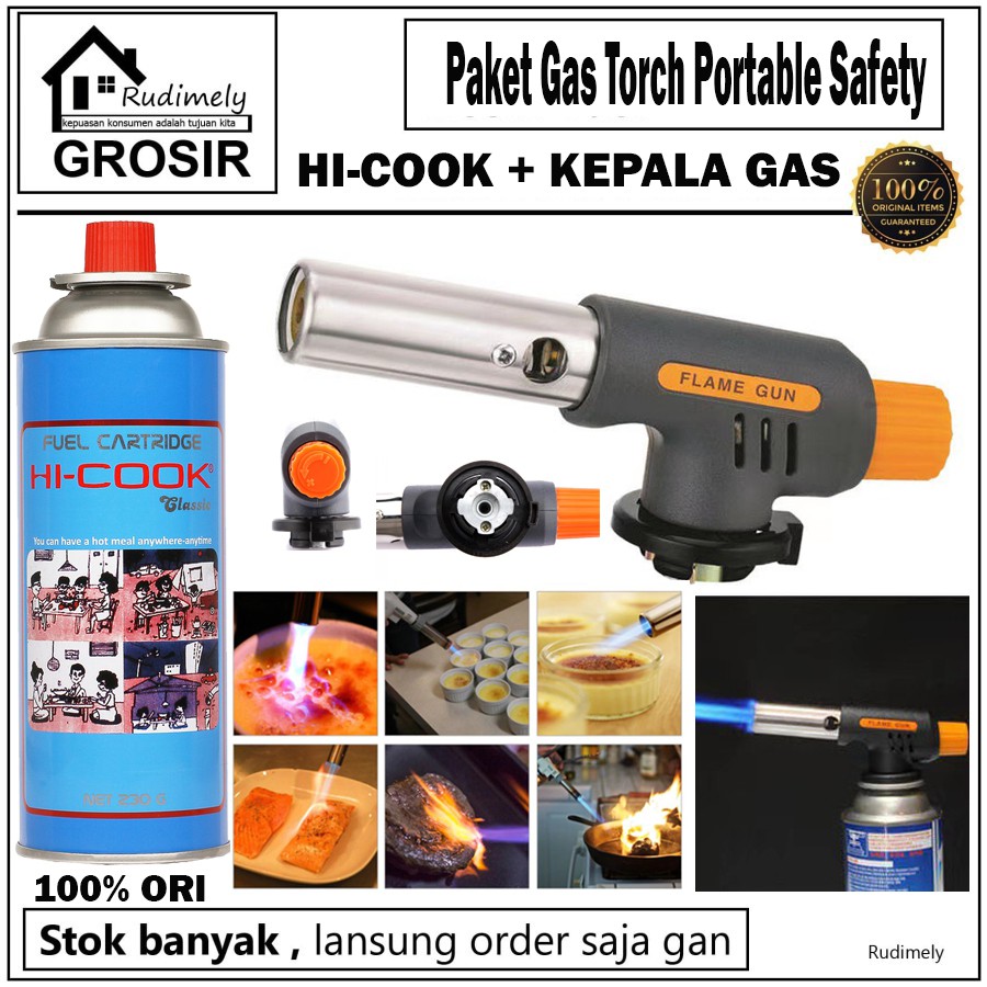 Paket Gas Torch Portable Safety/Pematik Gas Kompor/Api Blow Torch/Flame Gun+ Gas Hi Cook 230 gr