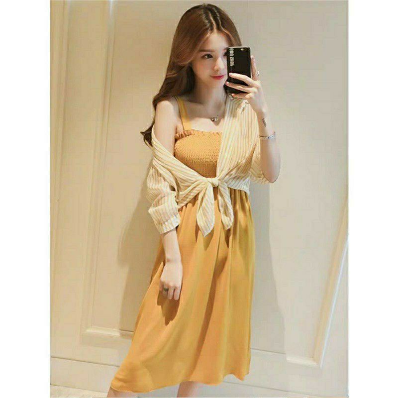 Dress Korea Vintage Korean Style One Set Dress Wanita And Shirt Coper Kpop Outfit Kekinian Drees Kor