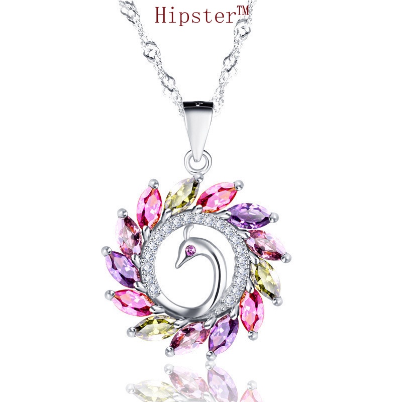 Creative Characteristic Colorful Peacock Open Screen Pendant Fashion Colored Gems Series Necklace