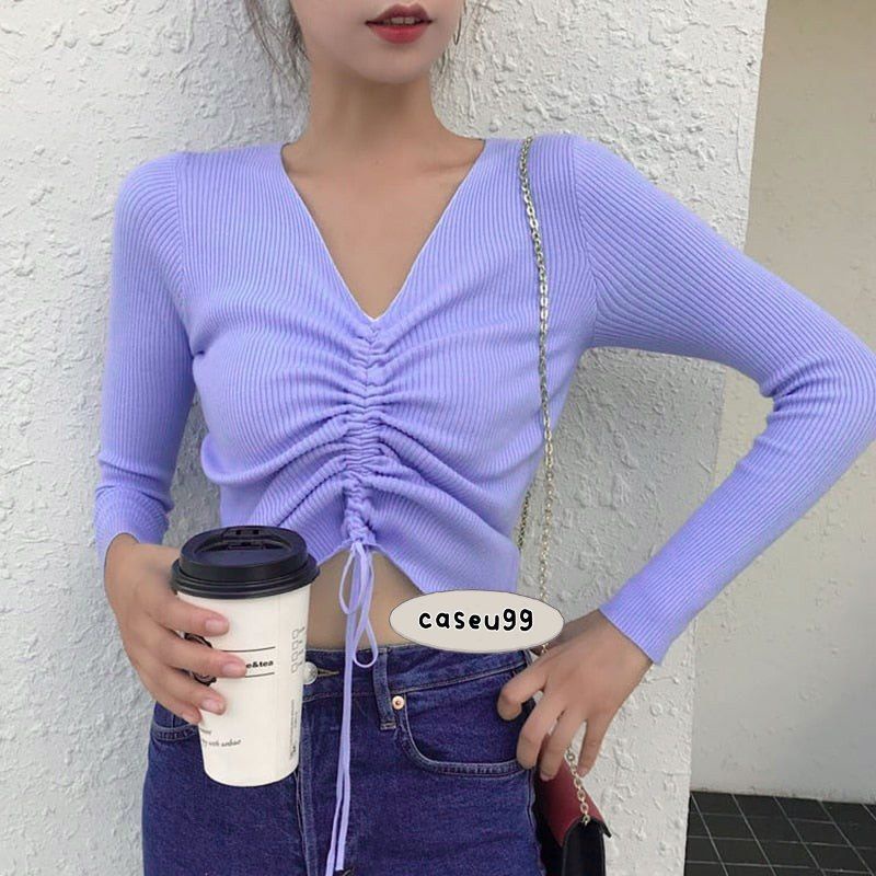 blouse kerut v neck// Korean top Women drawstring ruched front crop top candy color tali kerut serut moisha