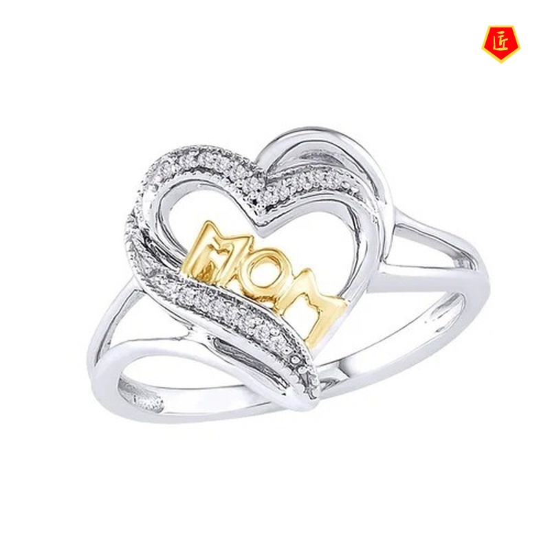 [Ready Stock]Love Mom Heart-Shaped Diamond Ring Minimalist Creative Two-Tone