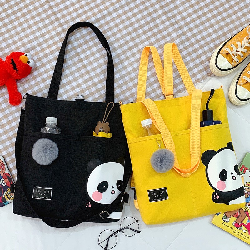 [littlecrab] Tote Bag Panda Imut Lucu Unisex Tas Totebag Resleting Multifungsi Berkualitas Tas Tote Kuliah Sekolah Motif Panda Pom-Pom Lucu Korean Style