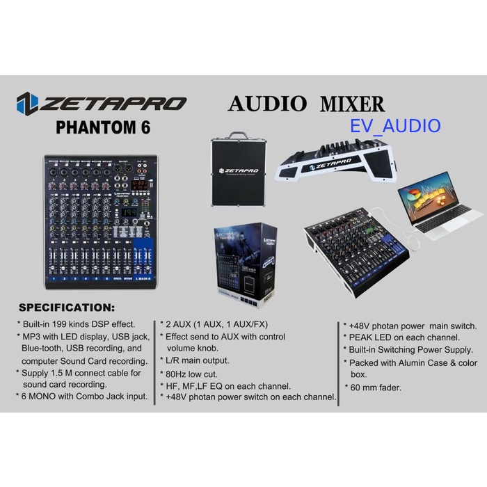 Mixer Zetapro Phantom 6 / Zetapro Phantom-6 Original 199 DSP USB Bluetooth 6 CH