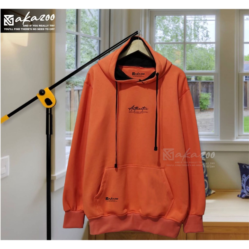 sweater distro cowok korean style AKAZOO warna ORANGE authentic tulisan hitam
