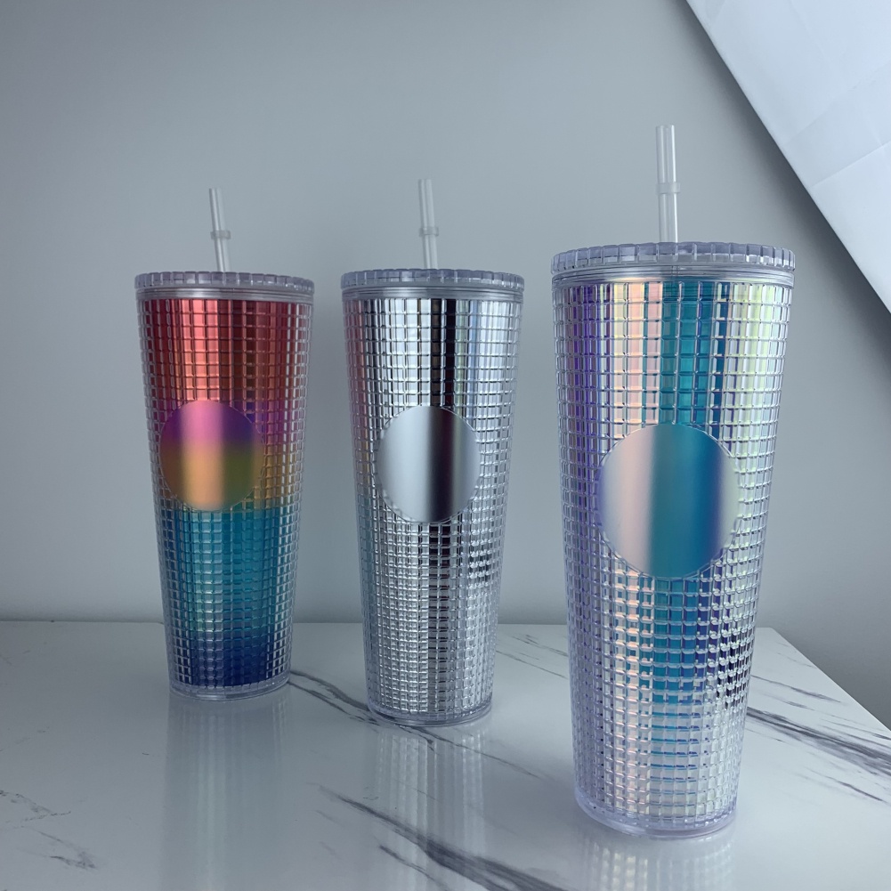 2022 NEW Arrival 24oz Diamond Radiant Goddess Corn Grid Studded Cup Double Wall Plastic Coffee Mug Tumbler with Straw and Lid -OW-
