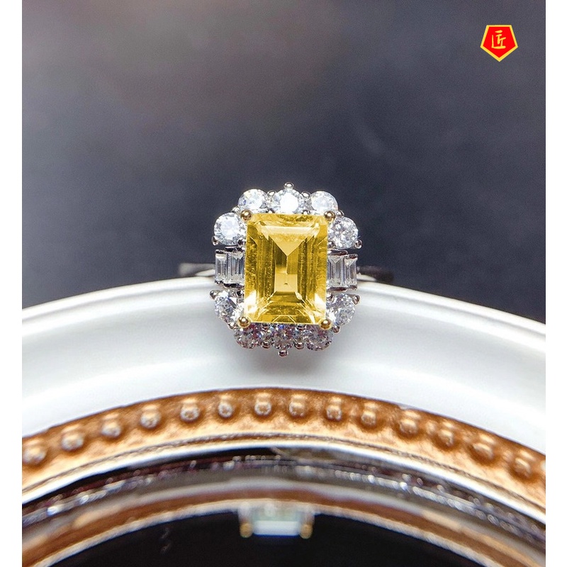 [Ready Stock]Women's Rectangular Yellow Diamond Topaz Colored Gems Open Ring