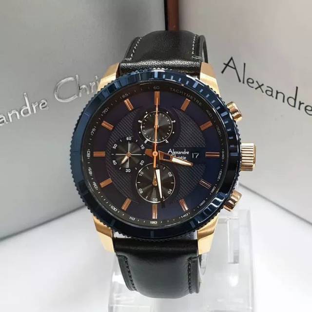 JAM TANGAN PRIA ALEXANDRE CHRISTIE AC 6501 BLUE ROSEGOLD LEATHER BLACK