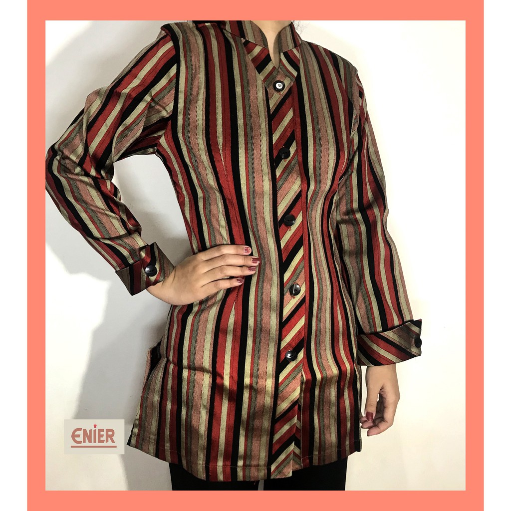Kemeja Wanita Cewek Casual Lengan Panjang Model Longgar Motif  Garis-garis Warna Merah Hitam - 18