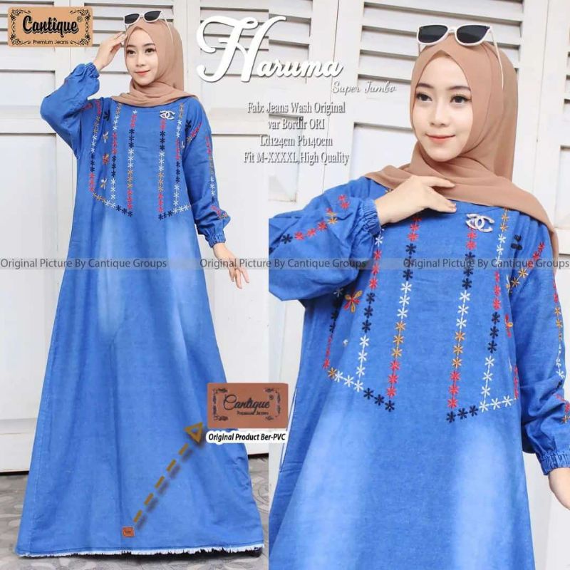 Baju Gamis Wanita Muslim Haruma Jumbo Maxy Fashion Perempuan Dewasa Remaja Cewek Putri Ibu Modern Terbaru Pakaian Muslimah Busana Santai Sehari hari Modis Simple Nyaman Kekinian Maxi Jeans Wash Bordir Cantik Besar Gemuk Best Seller Good Quality Bisa COD