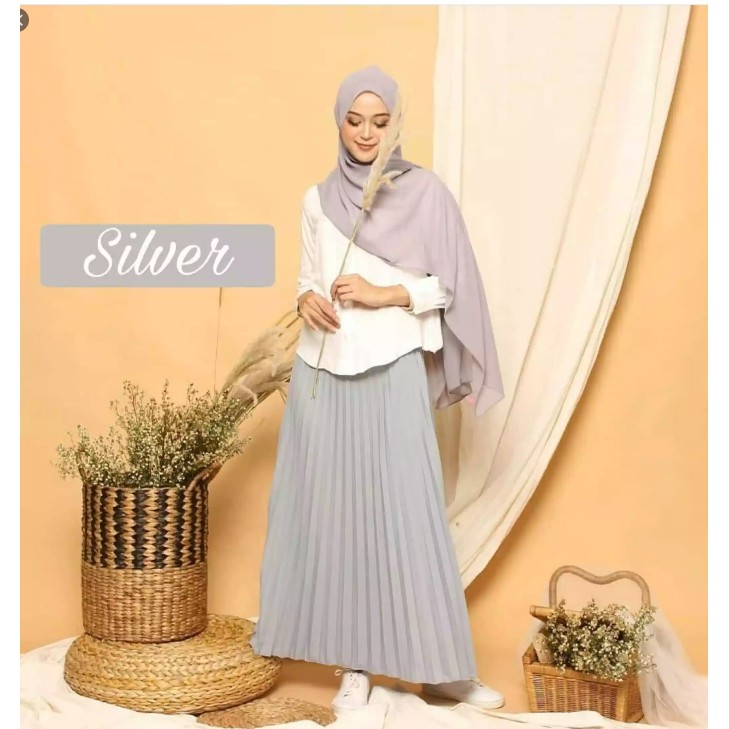 ROK PLISKET MURAH PRISKET PLEATED SALE POLOS REMPEL MUSLIMAH SKIRT ABG FLARE SKIRT MAYUNG FLOWY-SILVER