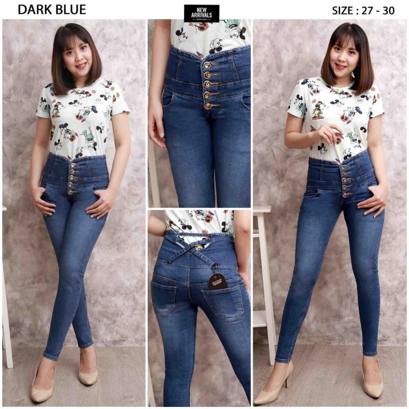 CELANA JEANS WANITA HW/HIGHWAIST  KANCING 5 PITA/TALI SILANG BELAKANG PENSIL