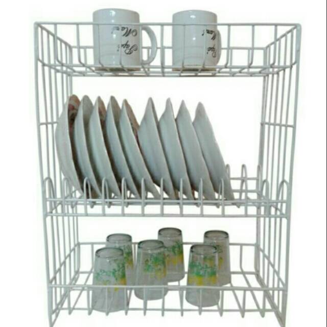Rak Kitchen set 3 Susun Piring dan Gelas Putih