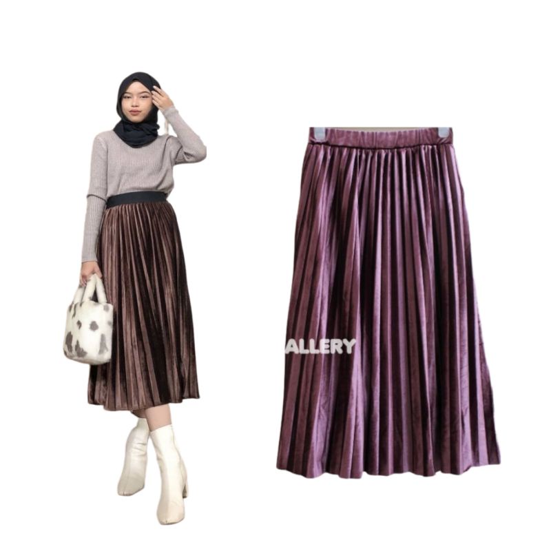 Rok 7 per 8 Wanita Dewasa Import Plisket Velvet Bludru 7/8 Premium Glossy Tebal Ori Midi Skirt Korean Style by NR