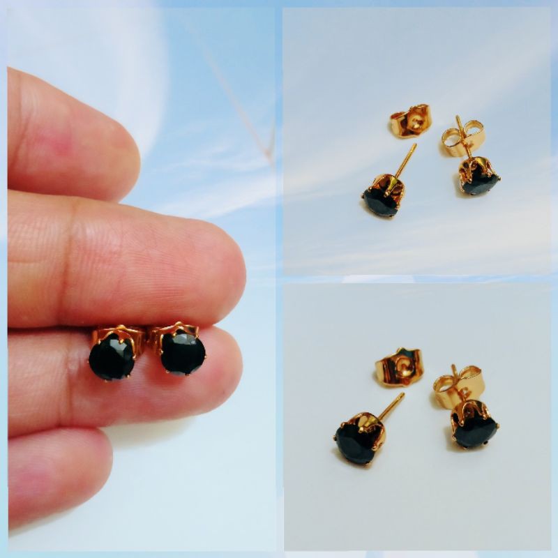 anting tusuk xuping wanita berlapis emas dengan permata hitam b.