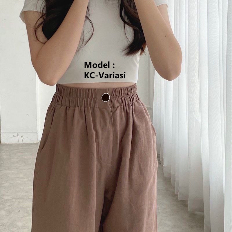 Celana Kulot Linen Resleting Kancing Celana Rami Wanita Highwaist Premium